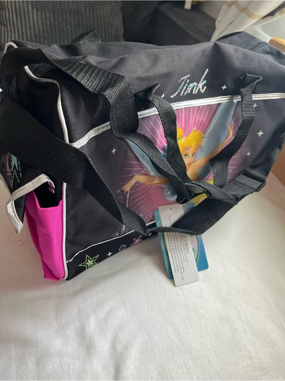 Vintage Disney Tinker Bell Black, Pink & Green Kids Duffle Bag Y2K Deadstock